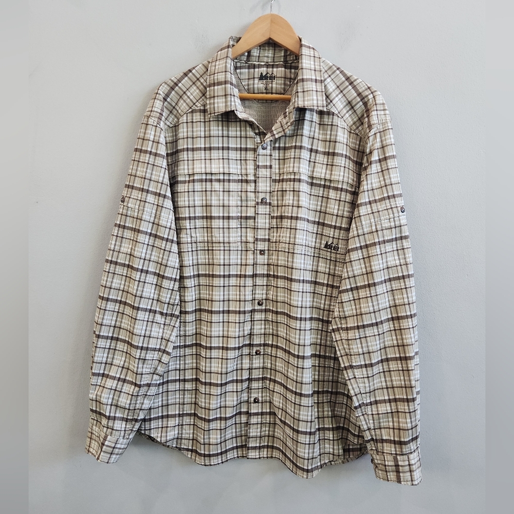 REI Vented Mesh Long Sleeve Camping Fishing Shirt Brown Outdoor Men's Size XL